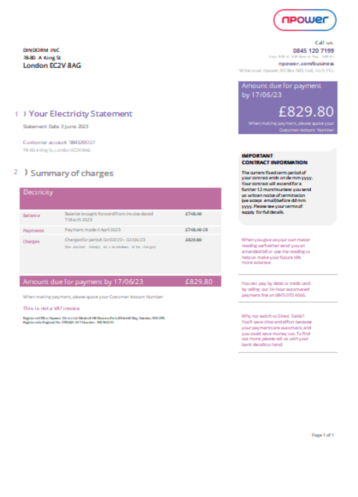 Npower utility business bill, version 2, SCR PSD template